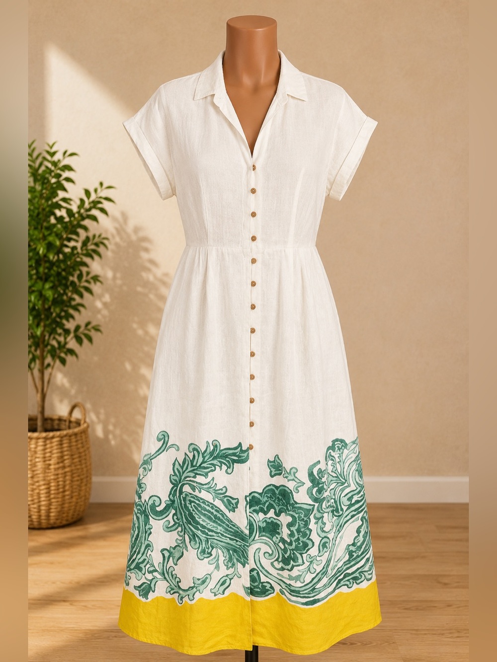 NWT Zara linen White & Green Embroidered Button-Front Shirt Dress - Picture 1 of 3